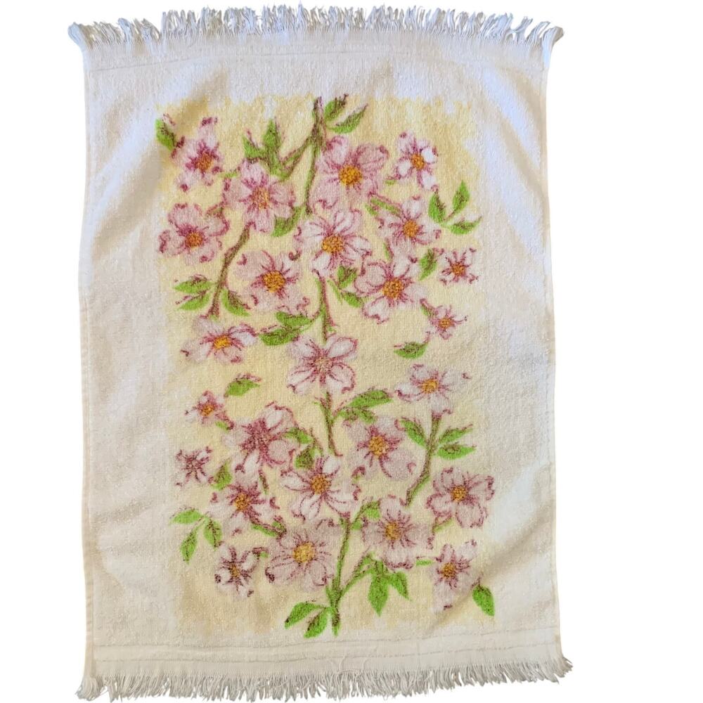 Vtg 70s Floral Bath Hand Dish Towel Purple Green Yellow Fringe Cotton 1970s